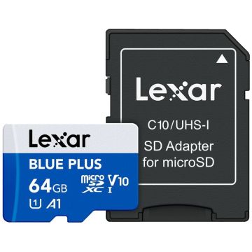 Lexar microSDHC Blue Plus UHS-I with SD adapter, up to 100MB/s read  C10/A1/U3 (V30) 64GB
