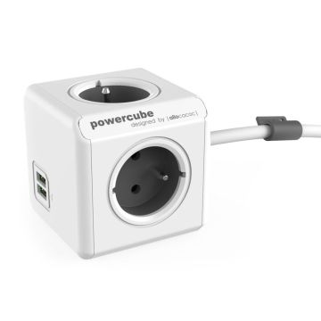 Allocacoc PowerCube Extended USB (FR) kontaktligzdu sadalītājs ar 3m kabeli, pelēks