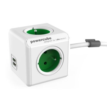 Allocacoc PowerCube Extended USB (FR) kontaktligzdu sadalītājs ar 1,5m kabeli, zaļš