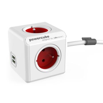 Allocacoc PowerCube Extended USB (FR) kontaktligzdu sadalītājs ar 1,5m kabeli, sarkans