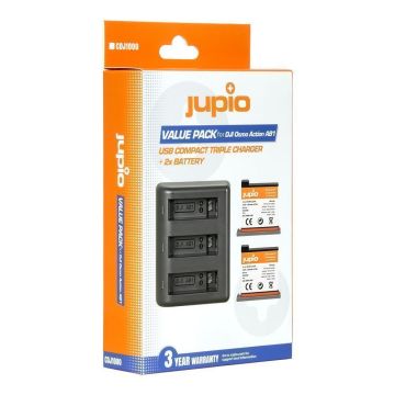 Jupio komplekts: 2x DJI Osmo Action AB1 1220mAh akumulatori un kompakts USB trīskāršais lādētājs