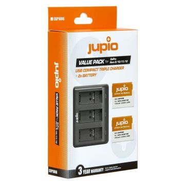 Jupio komplekts: 2x GoPro HERO 9 | HERO 10 | HERO 11 | HERO 12 Enduro SPBL1B/AHDBT-901 1730mAh akumulatori un kompakts USB trīskāršais lādētājs