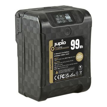 Jupio ProLine Extreme 99 V-Mount akumulators 6700mAh (99Wh) - LCD displejs, USB-C PD 65W ieeja/izeja, D-Tap ieeja/izeja un USB-A izeja
