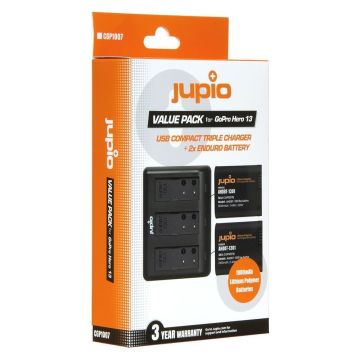 Jupio komplekts: 2x GoPro HERO 13 Enduro AHDBT-1301 / CPSS1B 1900mAh akumulatori un kompakts USB trīskāršais lādētājs