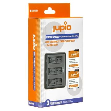 Jupio value pack: 2x battery DJI Osmo Action 3/4/5 Pro 1950mAh + compact USB triple charger