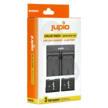 Jupio Value Pack komplekts paredzēts Nikon: 2x EN-EL14(A) 1100mAh akumulatori + USB-C dubultais lādētājs