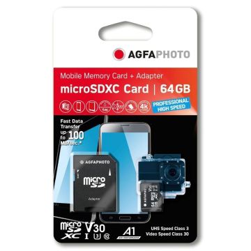 AgfaPhoto MicroSDXC UHS I 64GB Prof. Ātrdarbīga U3 V30 A1 Atmiņas Karte