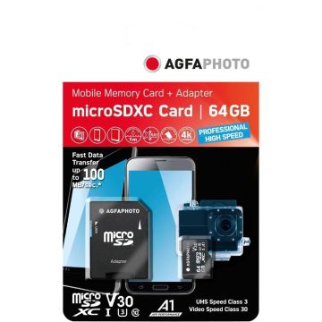 AgfaPhoto MicroSDXC UHS-I 64GB High Speed C10 U3 V30 + Adapteris