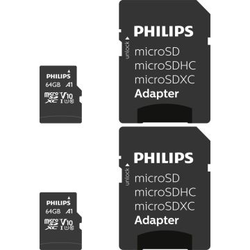 Philips MicroSDXC 2 iepakojums 64GB Class 10 UHS-I U1 ar adapteri