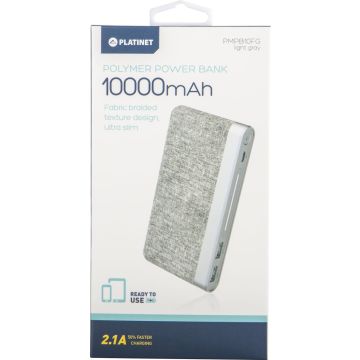 Platinet akumulators 10000mAh auduma pinums LiPo 2,1A, gaiši pelēks (44243)