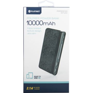 Platinet enerģijas banka 10000mAh Fabric Braided LiPo 2.1A, tumši pelēka (44385)