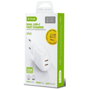 D-Fruit lādētājs 30W 2xUSB-C + USB-C kabelis DF100 1m