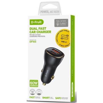 D-Fruit auto lādētājs 60W USB-A/USB-C DF103