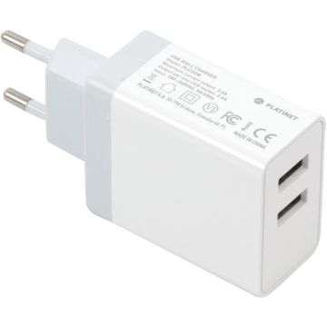 Platinet USB lādētājs 2xUSB 3.4A, balts + kabelis (43723)