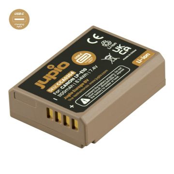 Jupio Ultra-C LP-E10 battery with 1100mAh capacity and USB-C charging